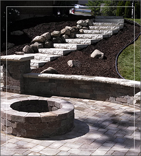 Image of patio with stairs and fire pit